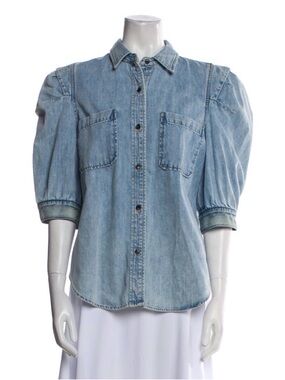 Frame Light Wash Denim Button-Up Shirt with Puff Sleeves